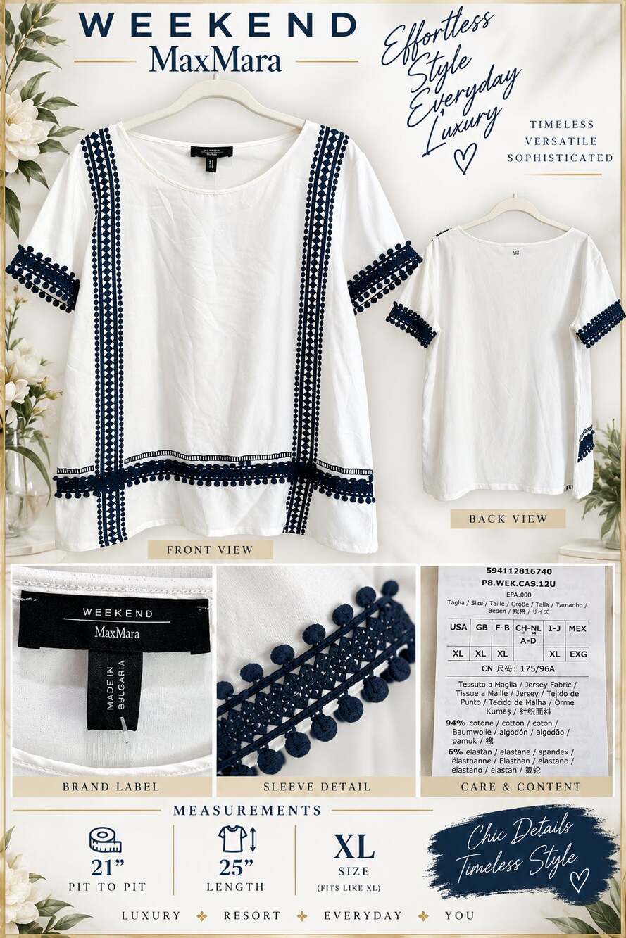 Weekend Max Mara white short-sleeve top blue embroidered trim*bobble details